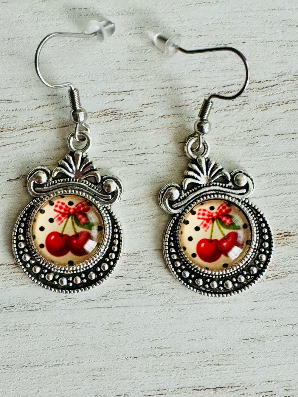 Vintage-Inspired Silver Cherry Drop Earrings  Red Cherry Accent